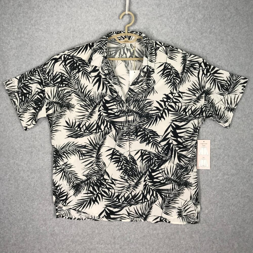 Palm Print Tropical Shirt Large Black Cream Front Tie Vacation Resort Neutral